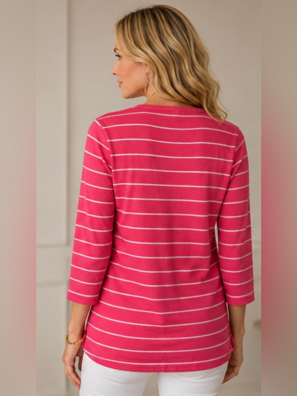 JONES NEW YORK Women’s 3/4 Sleeve One Gold Button Henley Lightweight All Cotton - Picture 2 of 5